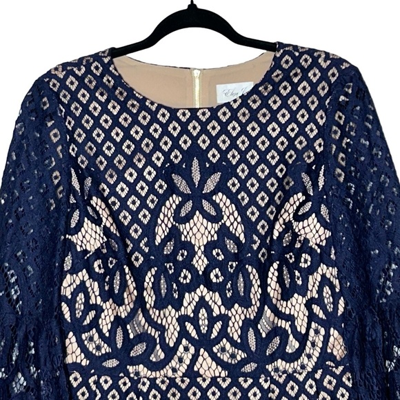 Eliza J Navy Blue Lace Over Nude Dress with Bell Sleeves, Size Medium (10) - Picture 6 of 15